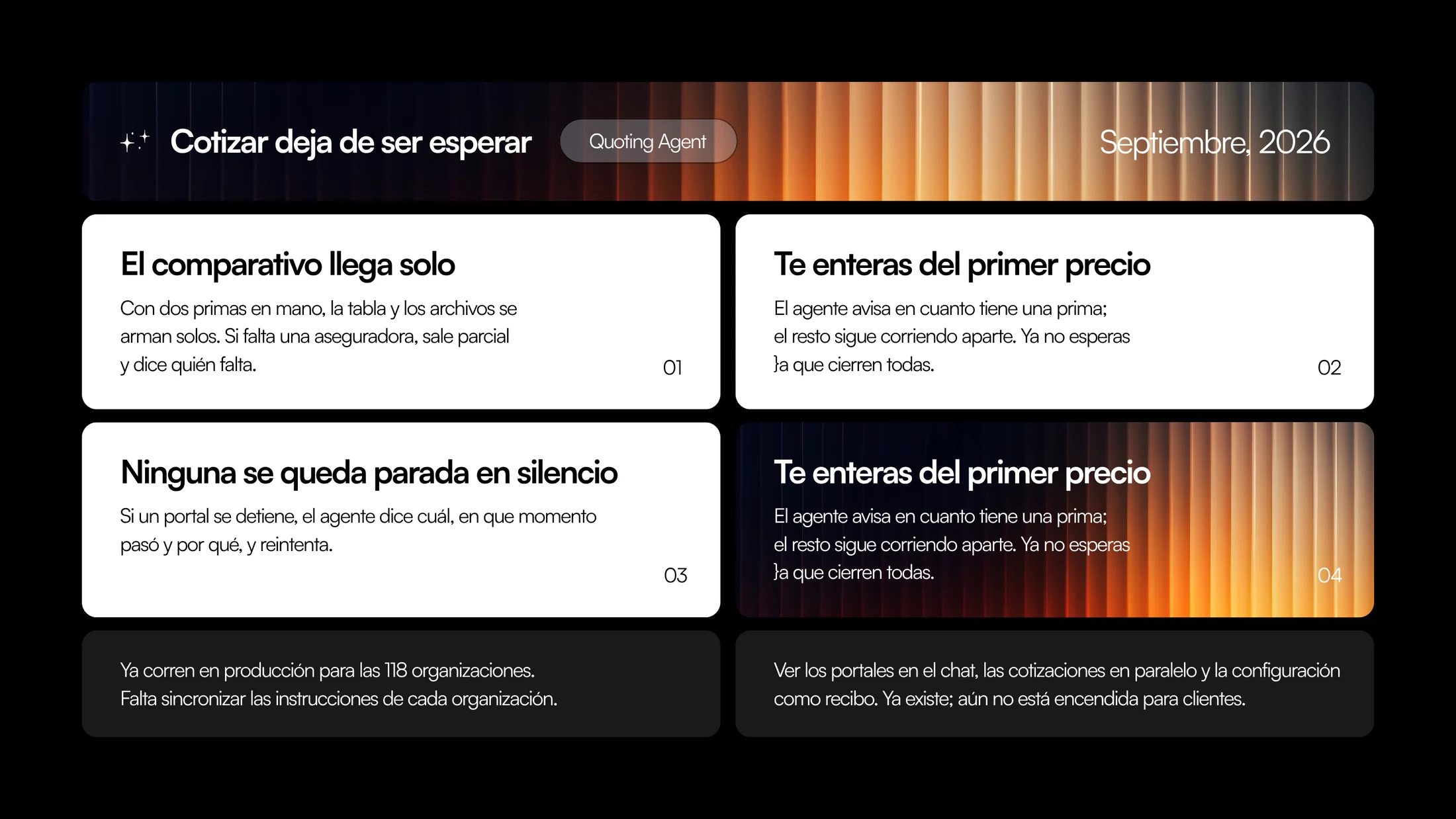 Resumen del update del Agente de Cotización: el comparativo llega solo, te enteras del primer precio, ninguna se queda parada en silencio, y la vista de portales en el chat.