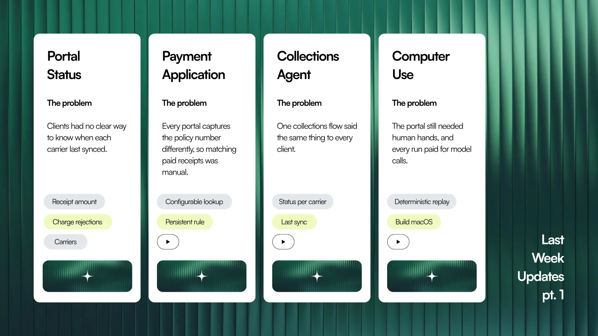 Resumen de la semana, parte 1: Portal Status, Payment Application, Collections Agent y Computer Use, cada uno con el problema que resuelve.